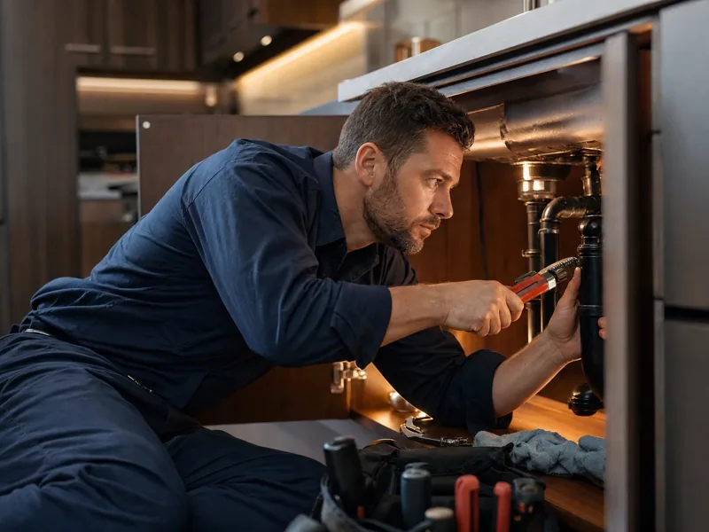 Technician repairing a pipe leak under a sink