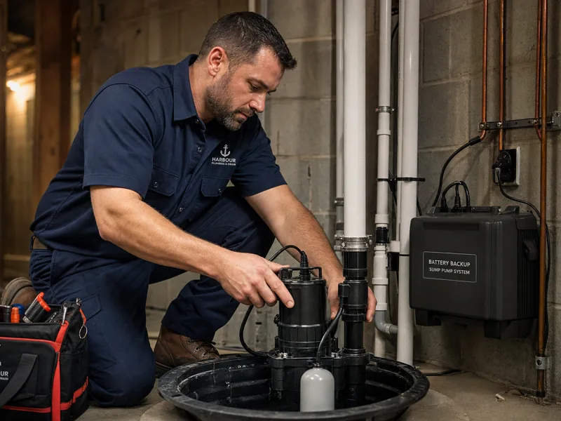 Sump pump with battery backup in a basement pit
